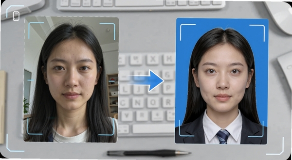 电子证件全能帮智能抠图功能演示图,画面左侧为原始生活照,右侧为经过抠图换底后的标准蓝底证件照,中间用箭头连接表示处理过程,背景为浅灰色工作台,突出AI自动识别的科技感