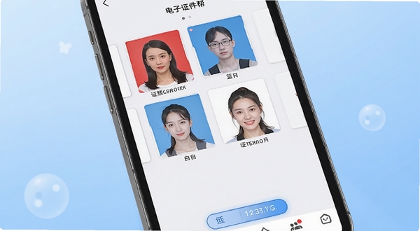电子证件全能帮应用主界面展示,画面中央为手机屏幕,屏幕内呈现证件照制作功能区,包含红底、蓝底、白底证件照缩略图,背景区域为柔和的渐变蓝色,整体风格简洁明快,突出工具类应用的专业感与易用性