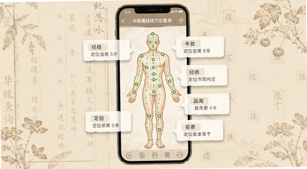 中医圈经络穴位查询界面,手机屏幕显示人体经络循行图,多个穴位以圆点标注,旁边浮窗展示穴位名称与定位说明,背景为浅米色中医典籍风格,画面中有淡淡的草本纹理装饰,整体视觉清爽专业,适配Boogu模型生成
