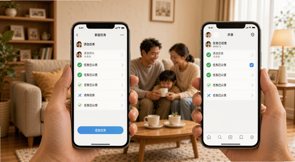 ���ӹܼ�ͥ����Эͬ����ʾ��ͼ�������������ֻ�����չʾ����Ļ����ʾͬһ����ͥȺ��Ĺ��������嵥��һ���ֻ���ʾ���������񡱽��棬��һ����ʾ�����������족״̬������Ϊ��ܰ�ļҾӿ���������ɫ����ů��ͣ����ּ�ͥ��Ա֮���Э��������