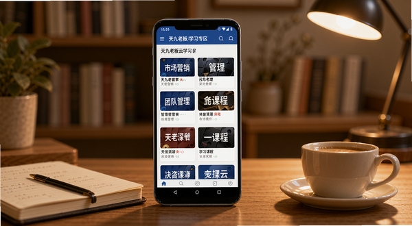 天九老板云经营学习专区界面展示,画面中央为安卓手机屏幕,显示天九老板云学习专区课程列表,包含市场营销、团队管理等课程封面,手机旁边放着一本笔记本和一杯咖啡,背景为温馨的书房环境,暖色调光线,突出学习氛围,高清细节