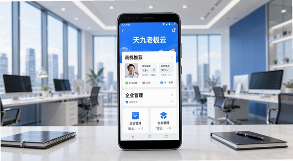 天九老板云商务办公场景,画面中央展示一部安卓手机,手机屏幕上呈现天九老板云应用主界面,界面包含商机推荐和企业管理功能模块,背景为现代化写字楼办公区域,整体色调以蓝白商务风为主,光线明亮柔和,高清细节,适合软件下载站展示