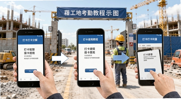 工地考勤使用教程示意图,手机屏幕显示打卡步骤分解图,背景为工地入口,工人正在操作手机,画面简洁明了,突出操作指引