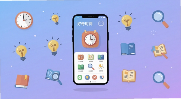 一幅扁平化插画风格的应用界面全景图,画面中央悬浮着一部智能手机,屏幕上展示着好奇时间应用的首页,背景是柔和的渐变蓝紫色调,点缀着时钟、灯泡、书本、放大镜等代表知识与时间探索的小图标,整体氛围轻松明快,适合作为软件下载站的展示图