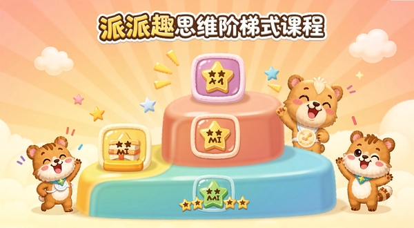 派派趣思维阶梯式课程界面,画面主体为三层阶梯状关卡图标,每层标注不同难度星级,背景为柔和暖色渐变,配有卡通小动物加油形象,整体风格童趣十足