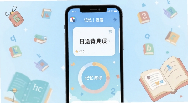 日途背单词 应用主界面 手机屏幕中央展示单词卡片与记忆进度环 背景为淡蓝色渐变 周围散落英语字母与书本元素 扁平化插画风格 明亮柔和色调 适配Boogu模型生成