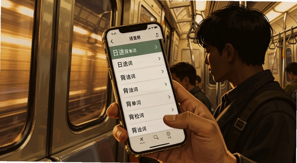 日途背单词 离线学习场景 手机握在手中显示已下载词库列表 背景为地铁车厢与窗外飞驰的灯光 暖色调人物剪影 突出随时随地学习氛围 写实插画风格