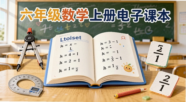 六年级数学上册电子课本封面展示,画面中央为翻开的数学书,周围环绕圆规、量角器、分数卡片等数学文具,背景为明亮教室黑板,整体风格清新卡通风,适合小学教育类应用宣传图