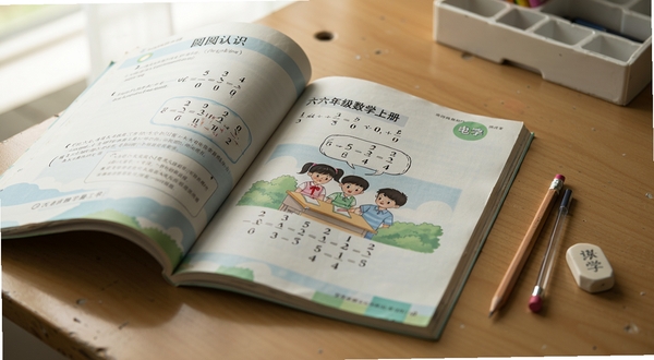 六年级数学上册电子书内页展示,画面中央为翻开的数学课本,页面显示圆的认识章节配图,周围有铅笔和橡皮,背景为书桌场景,柔和自然光,写实风格