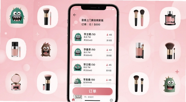 怪兽上门美妆商家端 手机接单界面 主屏幕中央展示订单列表 背景为柔和粉色渐变 周围环绕美妆工具图标 现代扁平化风格 高清细节