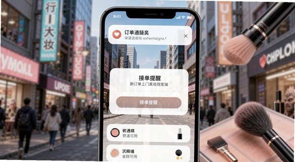 怪兽上门美妆商家端 接单提醒弹窗 手机屏幕上方显示新订单通知 背景为城市街景与美妆元素 明亮色调 写实风格
