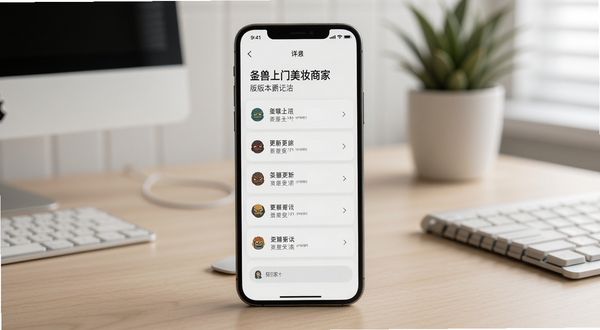 怪兽上门美妆商家端 版本更新页面 手机屏幕显示更新日志列表 背景为简约办公桌面 柔和光线 写实风格