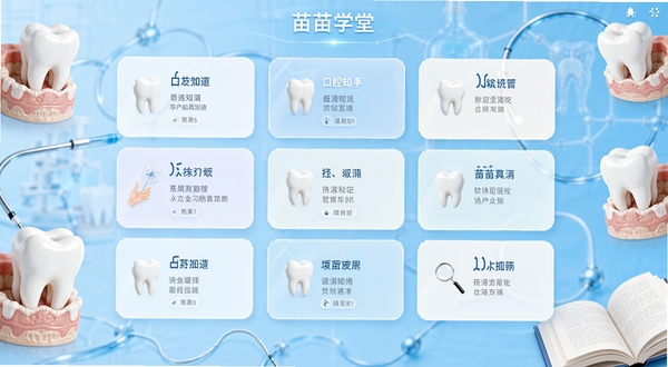 苗苗学堂软件主界面展示,画面中央为口腔知识分类卡片列表,背景为浅蓝色渐变医学风格,四周点缀牙齿模型与书本元素,整体清爽简洁