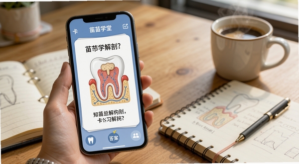 苗苗学堂知识卡片翻转学习界面,手机屏幕中显示一张牙体解剖卡片,正面为问题背面为答案,背景为书桌场景,旁边放着笔记本和咖啡杯,学习氛围浓厚