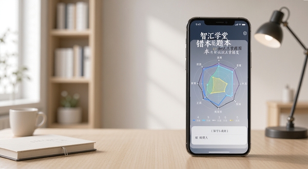 智汇学堂错题本与知识点掌握度雷达图界面,手机竖屏显示,背景为简约书房环境,光线柔和