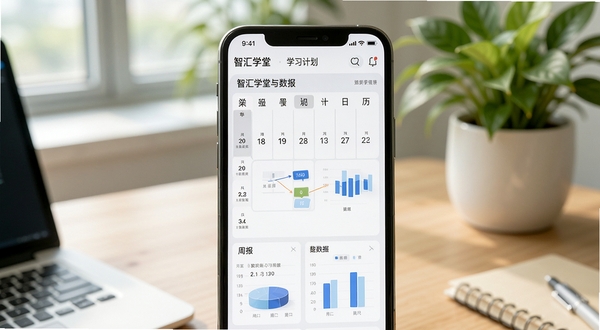 智汇学堂学习计划日历与周报数据图表界面,手机屏幕特写,背景为办公桌面与绿植,清新自然风格