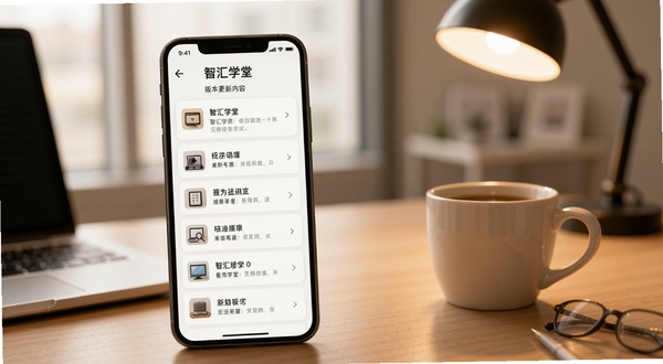 智汇学堂版本更新内容展示页面,手机屏幕显示更新日志列表,背景为简洁办公桌面与咖啡杯,暖色调