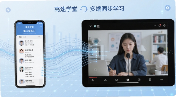 高速学堂多端同步学习概念图,画面左侧是手机显示章节练习界面,右侧是平板显示视频课程界面,两者之间用半透明数据流线条连接,背景为浅蓝色科技网格,突出同步学习主题