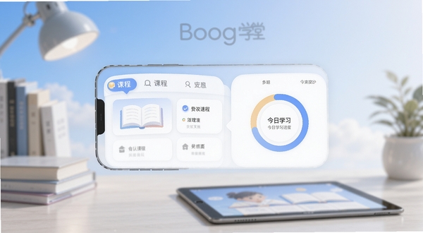 高速学堂手机APP主界面展示,画面中央为课程分类导航栏与今日学习进度环形图,背景是柔和的蓝白渐变学习场景,书桌与平板电脑虚化置于画面下方,整体风格简洁专业,适配Boogu模型生成