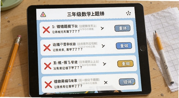 三年级数学上册错题本功能界面,展示平板电脑屏幕上的错题列表,每道错题旁有红色叉号标记和重做按钮,背景是书桌场景,桌面有铅笔和草稿纸,光线柔和