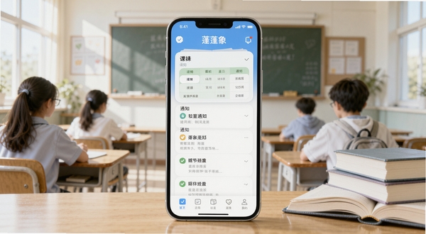 蓬蓬象校园服务应用主界面全貌展示,画面中央为手机屏幕中的蓬蓬象APP首页,包含课表卡片与通知列表,背景区域为明亮教室与书本元素,整体风格清新简洁,适配Boogu模型生成