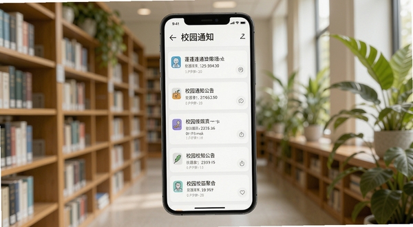 蓬蓬象校园通知聚合页面展示,手机屏幕中显示多条校园公告列表,背景为图书馆书架与绿植,光线柔和,画面清晰,体现信息聚合功能
