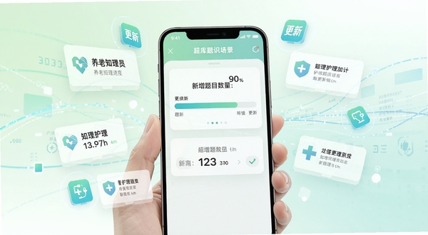 养老护理员超题库题库更新场景,画面主体为手机屏幕特写,屏幕中显示题库更新进度条与新增题目数量提示,周围环绕着漂浮的护理知识卡片和更新图标。背景区域为淡绿色与白色的渐变,点缀数据流线条,体现动态更新与知识迭代,整体风格现代科技感,适配Boogu模型生成。