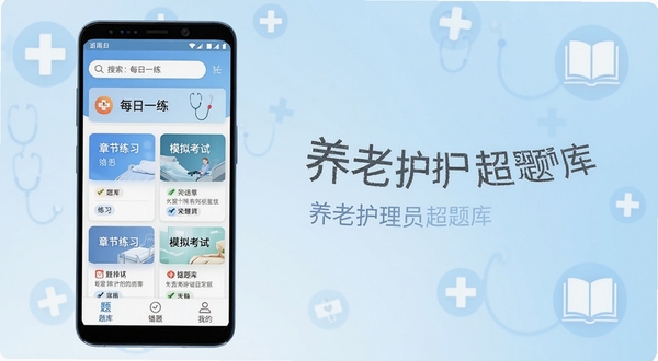 养老护理员超题库应用界面整体展示,画面主体位于中央偏左位置,一台安卓手机竖屏显示软件首页,页面上方为搜索框与每日一练入口,中部为章节练习与模拟考试卡片式布局,底部为题库、错题、我的导航栏。背景区域为柔和的浅蓝色渐变,点缀简约的医疗十字与书本图标,整体风格清新专业,适配Boogu模型生成。