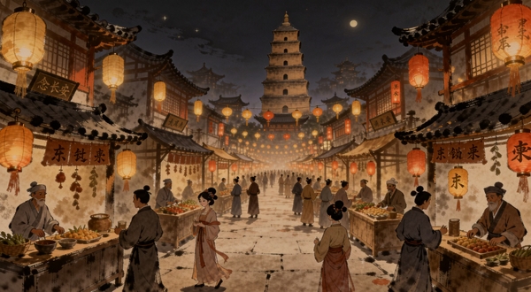 一念长安游戏内长安城坊市夜景,画面中央是热闹的东市街道,两侧灯笼高挂,胡商与仕女穿行其间,远处大雁塔轮廓隐现,手绘国风,暖色调,细节丰富