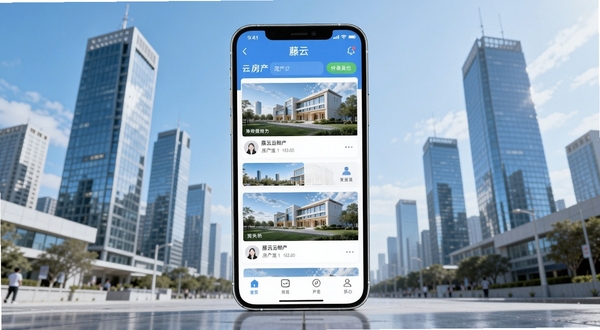 ����Ӧ��������ȫòչʾ�������������ֻ���Ļ��ʾ����APP�ķ����б�ҳ�棬����Ϊ�ִ����и�¥���������죬����ɫ������������ͻ���ƶ��칫����������Booguģ������