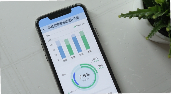 保育员学习进度统计页面预览图,画面主体为一部竖屏手机,屏幕显示柱状图与环形进度指示,配色以蓝绿为主,背景是淡灰色桌面与绿植一角,光线柔和自然