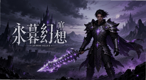永暮幻想 官方宣传图 暗黑魔幻大陆背景 主角手持发光武器 远处城堡剪影 紫黑色调 史诗氛围