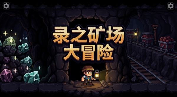 揭示录之矿场大冒险游戏主界面,暗色调矿洞场景,像素风格角色手持矿灯站在矿道入口,背景有矿石闪光和轨道矿车,画面中央显示游戏标题,整体氛围神秘紧张,适配Boogu模型生成