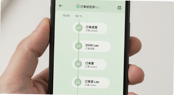 Lao Deliver 订单状态同步界面,手机屏幕内显示时间轴形式的订单进度节点,每个节点带有图标与文字说明,背景为浅绿色,整体风格柔和