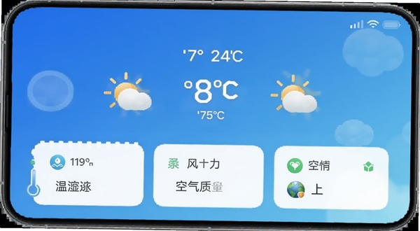 天气预报智能实时报 手机主界面展示 蓝色渐变背景 居中显示实时温度与天气图标 下方排列湿度风力空气质量卡片 整体风格简洁清爽 适配Boogu模型生成