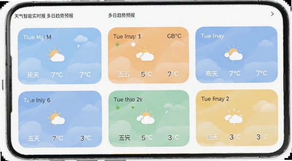 天气预报智能实时报 多日趋势预报页面 手机屏幕显示未来五天天气卡片 每张卡片包含日期天气图标与温度区间 配色柔和 适配Boogu模型生成