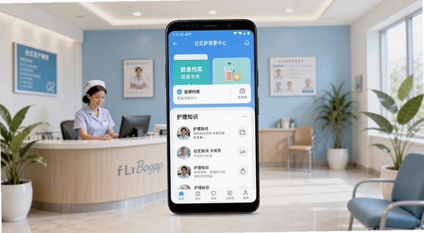 画面中央位置展示一部安卓手机,手机屏幕显示社区护理APP首页界面,包含健康档案卡片和护理知识列表,背景区域为温馨的社区医疗服务中心场景,有护士站和绿植点缀,整体色调以蓝白为主,柔和明亮,适配Boogu模型生成,细节丰富,构图居中