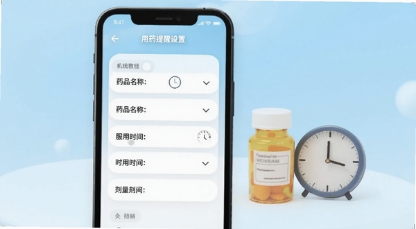 社区护理APP用药提醒设置页面,手机屏幕显示药品名称、服用时间和剂量选项,旁边有药瓶和时钟元素,背景为淡蓝色渐变,风格清新简洁,适配Boogu模型生成