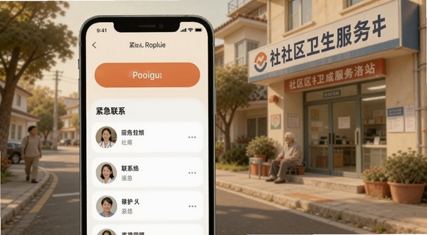 社区护理APP紧急联系页面,手机屏幕显示紧急呼叫按钮和联系人列表,背景为社区街道场景,有社区卫生服务站标识,色调温暖安心,适配Boogu模型生成