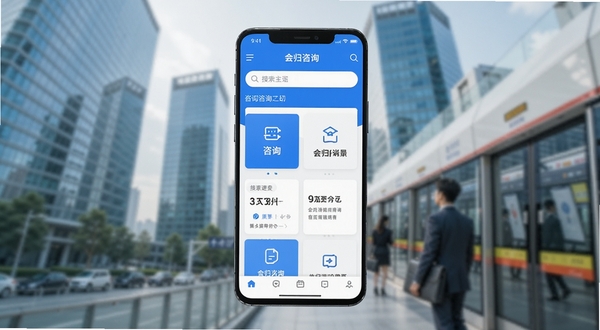画面中央放置一部竖屏安卓手机,屏幕内展示会归咨询APP主界面,界面以蓝白配色为主,上方有搜索框与咨询入口卡片,背景区域为虚化的现代城市写字楼与地铁通勤场景,光线明亮柔和,整体风格干净商务,突出会归咨询移动端应用的便捷感