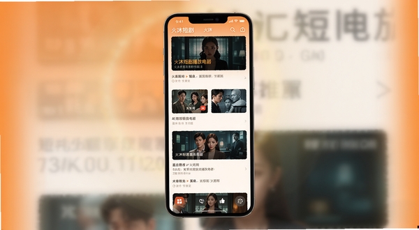 火沐短剧播放器主界面竖屏展示,画面中央为手机屏幕内呈现短剧推荐瀑布流,背景区域采用暖橙色渐变与柔和光晕,整体风格简洁明快,适配Boogu模型生成