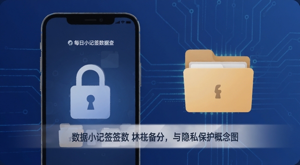 每日小记签数据备份与隐私保护概念图,手机屏幕显示锁形图标与本地文件夹,背景为深蓝色科技感渐变,画面简洁有安全感