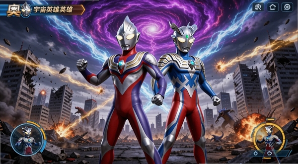 奥特曼宇宙英雄游戏主界面全景,画面中央为迪迦奥特曼与赛罗奥特曼并肩站立,背景为被怪兽破坏的城市废墟与能量光线交织的战场,天空呈现紫红色能量漩涡,整体风格为3D渲染动作手游宣传图