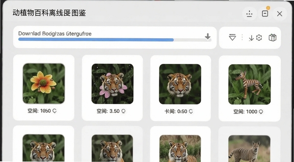 动植物百科离线图鉴下载管理页面,界面中列出多个分类数据包及其占用空间,一个下载进度条正在进行中,背景为浅灰色卡片式布局,风格干净利落,适配Boogu模型生成
