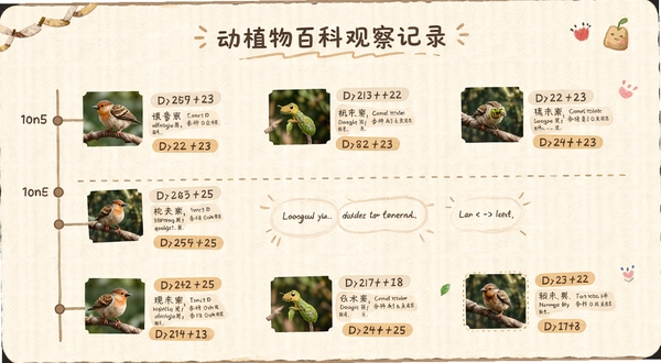 动植物百科观察记录页面,时间线形式展示多条自然观察笔记,每条带有缩略图和日期地点标签,背景为米白色纸张质感,风格温馨,适配Boogu模型生成