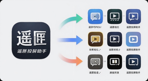遥匣投屏助手同类软件对比示意图,画面左侧为遥匣投屏助手图标,右侧并列展示多款投屏工具图标,中间用对比箭头连接,背景为浅灰色极简风格,突出选择多样性