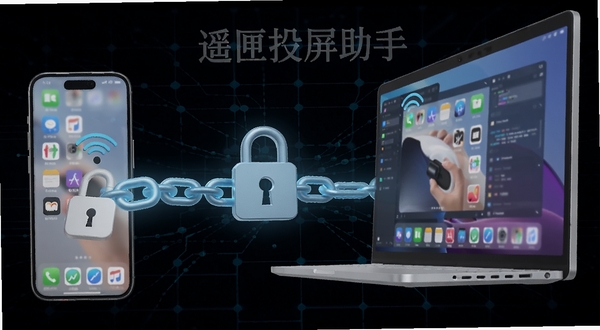遥匣投屏助手隐私安全功能示意图,画面中手机与电脑之间有一条加密锁链连接,背景为深色科技网格,锁链发出淡蓝色光芒,突出安全防护概念