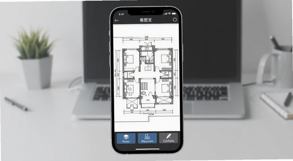 CAD��ͼ������������չʾ���ֻ���Ļ����������ʾһ�Ž���ƽ��CADͼֽ������ײ���ͼ�㡢��������ע���ܰ�ť������Ϊ��Լ��ǳ��ɫ�칫���滷����������ɾ���������Booguģ������