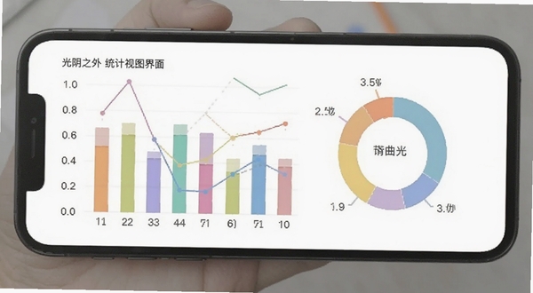 光阴之外 统计视图界面 手机屏幕中显示彩色柱状图与标签占比圆环 背景为纯白 主体位于画面中央 图表线条清晰 配色柔和 整体风格数据可视化