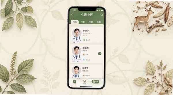 小鹿中医 手机端首页问诊界面 画面中央展示医生列表与科室导航 背景为淡雅的中医草本纹理 整体色调以绿色和米白色为主